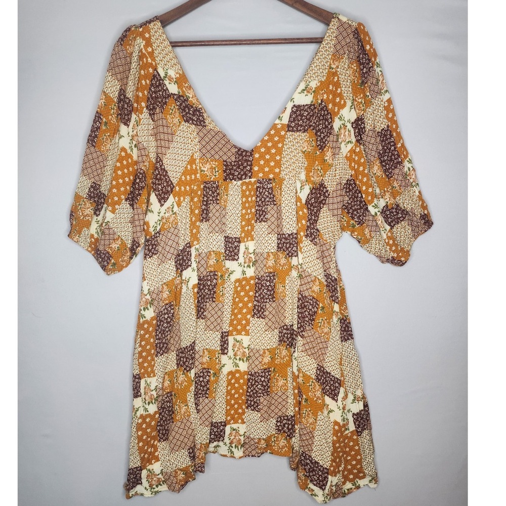 Meritt Boho patchwork Mini Dress Large Brown/Beige Lined pullover Prairie